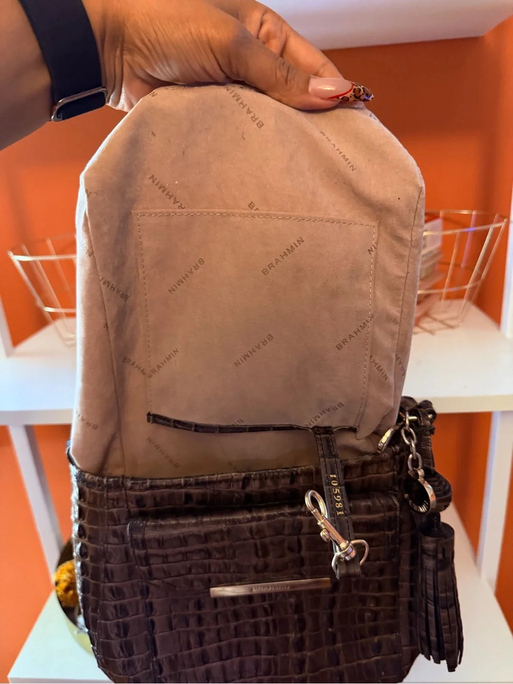 BRAHMIN Brown Croc-Embossed Leather Crossbody with Tassel Charm